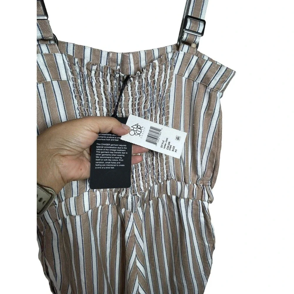 Chaser Wide Leg Tie Waist Jumpsuit Tan, White‎ Stripe Extra Small NWT Miss Belt